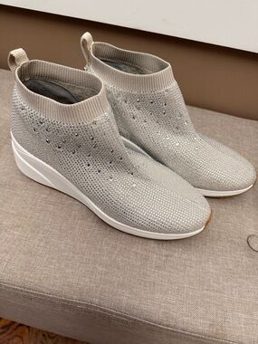 Alex Marie Beige Knit Slip-On Wedge Sneakers with Rhinestone Embellishments